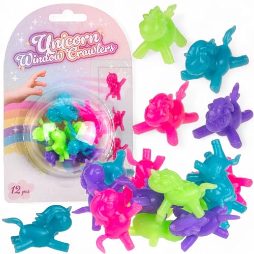 MIJOMA 12er Set Fensterläufer – Klebende Krabbelfiguren aus TPR, ca. 3 cm – Bunte Kletter-Figuren zum Spielen & Dekorieren – Für Kindergeburtstag & Mitgebsel (Einhorn) von MIJOMA