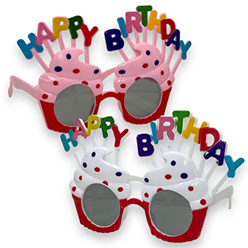 MIJOMA 2er Set Geburtstagsbrille für Erwachsene – Lustige Partysonnenbrille ohne Sehstärke, Ideal für Motto-Partys und Karneval (Happy Birthday Cupcake) von MIJOMA