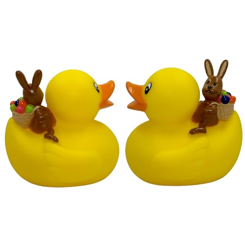 MIJOMA 2er Set Badeenten Badewannenspielzeug, Handbemalt & Latexfrei, Perfekt für Partys, Geburtstage, Weihnachten, Baby-Partys & Mehr – Tolle Badezimmerdekoration, 8 cm Hoch (Enten mit Osterhase) von MIJOMA