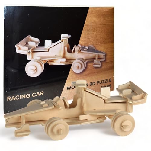 MIJOMA 3D-Puzzle Auto aus Naturholz - Pädagogisches Holzspielzeug zur Förderung von Hand-Auge-Koordination & Lernfähigkeiten, 4x15 cm (Rennwagen) von MIJOMA