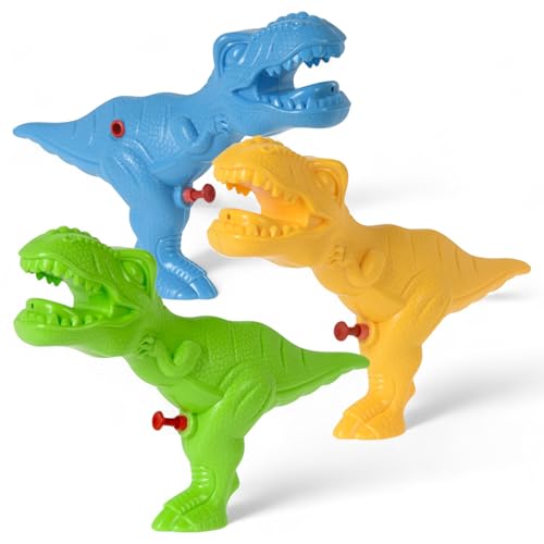 MIJOMA 3er-Set T-Rex Wasserpistolen für Kinder – Dino Wasserpistole Farbmix in Grün, Blau & Gelb – 24x12x5 cm – Wasserspritze Spielzeug für Sommer, Garten, Pool & Geburtstag von MIJOMA