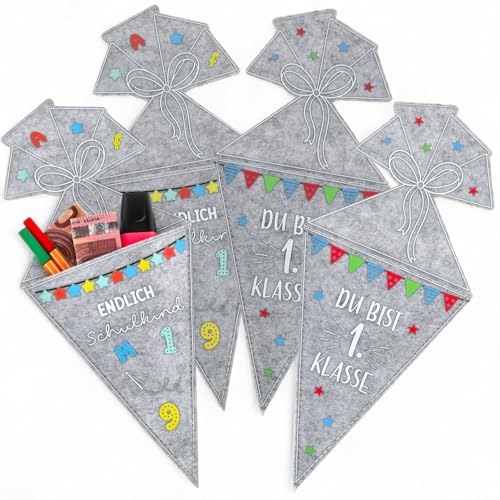 MIJOMA 4er Set Schultüte aus Filz – Geschenkverpackung zur Einschulung – 2 Designs, befüllbar, 100% Polyester-Filz, bunt Bedruckt, wiederverwendbar, 31,5 cm hoch, grau MIJOMA 4er Set Schultüte aus Filz – Geschenkverpackung zur Einschulung – 2 Designs, befüllbar, 100% Polyester-Filz, bunt Bedruckt, wiederverwendbar, 31,5 cm hoch, grau von MIJOMA