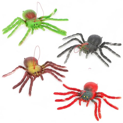 MIJOMA 4er Set XL Gummi Spinnen – realistisch, weich & dehnbar – Scherzartikel für Halloween & Party – Deko Spinnen in 4 Farben – 14x8 cm – Gruselspielzeug von MIJOMA