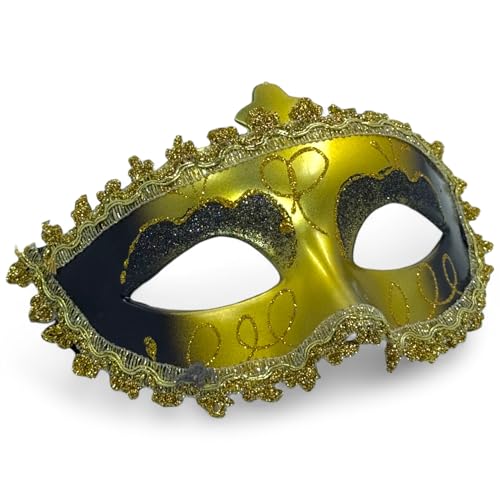 MIJOMA Augenmaske im venezianischen Stil – elegante Karnevalsmaske mit aufwendiger Verzierung und Satinbändern (Gold-Schwarz) von MIJOMA