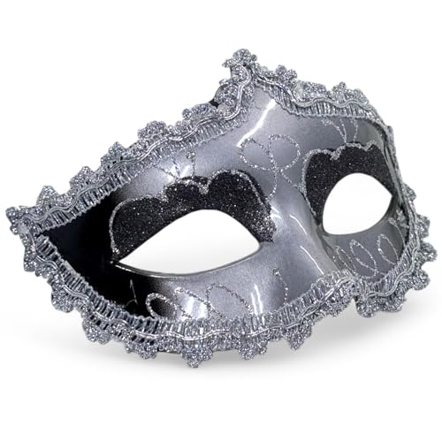 MIJOMA Augenmaske im venezianischen Stil – elegante Karnevalsmaske mit aufwendiger Verzierung und Satinbändern (Silber-Schwarz) von MIJOMA