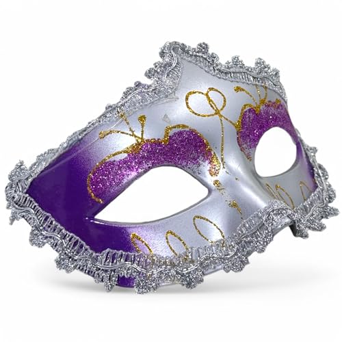 MIJOMA Augenmaske im venezianischen Stil – elegante Karnevalsmaske mit aufwendiger Verzierung und Satinbändern (Silber-Violett) von MIJOMA