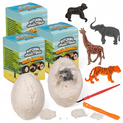 MIJOMA Ausgrabungsset 3er-Set mit Gips-Ei & Werkzeug – Mit Überraschungsfigur – Archäologie Spielzeug für Kinder – Fördert Neugier & Feinmotorik (Wildtiere) von MIJOMA