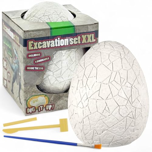 MIJOMA Ausgrabungsset XXL Dino – Dinosaurier Ei mit 8 Figuren zum Ausgraben – Kinder-Set mit Hammer, Meißel & Pinsel – Dino Fossilien Spielzeug für kleine Entdecker von MIJOMA