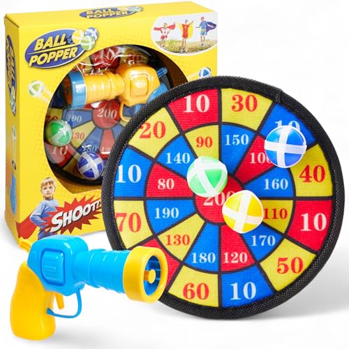 MIJOMA Ball Popper Set mit Klett-Zielscheibe – Ballpistole + 3 Softbälle – Indoor & Outdoor Wurfspiel für Kinder – Farbe Wird zufällig geliefert von MIJOMA
