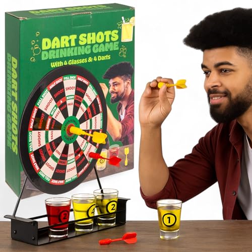 MIJOMA Dart Trinkspiel – Partyspiel mit Dartscheibe, 4 Shotgläsern & 4 Darts – witziges Trinkspiel für Erwachsene, Geburtstag, Junggesellenabschied, WG-Party von MIJOMA