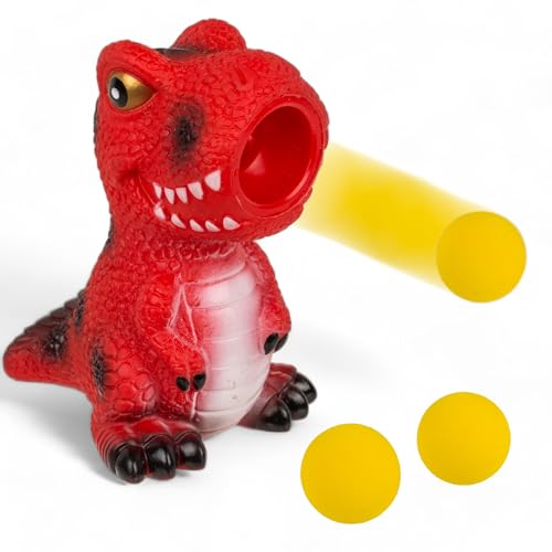 MIJOMA Dinosaurier Popper Spielzeug für Kinder - Ballwerfer Dino inklusive 3 Schaumstoffbälle, Förderung von Motorik & Hand-Augen-Koordination, für Indoor & Outdoor, Weiches Material, 9x12 cm (Rot) von MIJOMA