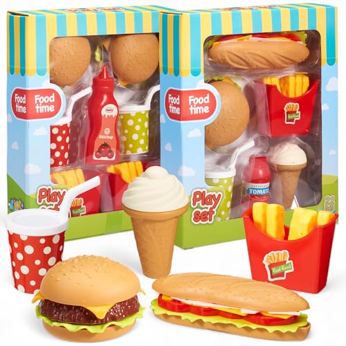 MIJOMA Fast-Food Spielset Bundle – 49-teiliges Kaufladen & Spielküche Zubehör: Burger, Pommes, Getränke, Ketchup, EIS – Rollenspiel-Set von MIJOMA