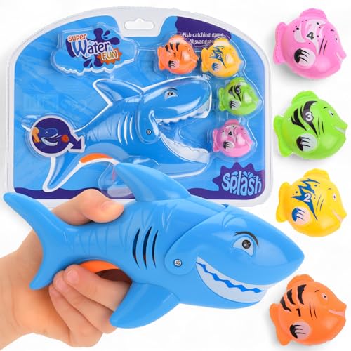 MIJOMA Fischfangspiel Hai & 4 Fische – Badewannenspielzeug & Poolspiel aus Polypropylen, Schnapp-Hai mit Flossen-Griff, Wasserspielzeug für Kinder von MIJOMA