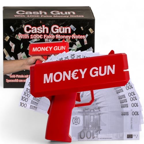 MIJOMA Geld-Pistole Cash Cannon: Spaß-Gadget mit 100 Stück 100€ Spielgeld, Batteriebetriebene Geldschießmaschine Cash Gun, Perfekt für Partys & Veranstaltungen, Knalliges Rot von MIJOMA