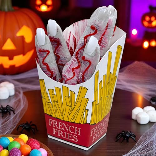MIJOMA Halloween Dekoration Finger in Pommesbox – Blutrünstige Horror Deko Hände – Realistische Fake Finger für Party, Gruselbuffet & Halloween Tischdeko, ca. 15cm von MIJOMA