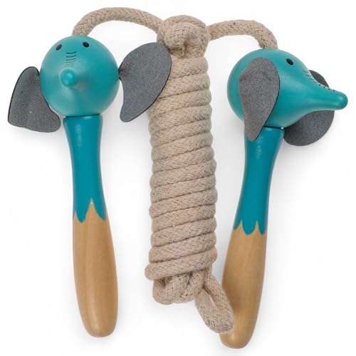 MIJOMA Holz-Springseil für Kinder – Seilspringen mit Tiermotiven – 235 cm Länge – Ergonomische Griffe – Pädagogisches Spielzeug für drinnen & draußen (Elefant) von MIJOMA