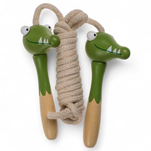 MIJOMA Holz-Springseil für Kinder – Seilspringen mit Tiermotiven – 235 cm Länge – Ergonomische Griffe – Pädagogisches Spielzeug für drinnen & draußen (Krokodil) von MIJOMA