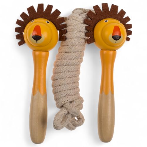 MIJOMA Holz-Springseil für Kinder – Seilspringen mit Tiermotiven – 235 cm Länge – Ergonomische Griffe – Pädagogisches Spielzeug für drinnen & draußen (Löwe) von MIJOMA