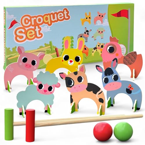 MIJOMA Kinder-Krocketspiel aus Holz – Tier-Wurfspiel für drinnen & draußen – 2 Schläger, 2 Bälle, 6 Bunte Tier-Tore – Lernspielzeug für Kinder ab 3 Jahren MIJOMA Kinder-Krocketspiel aus Holz – Tier-Wurfspiel für drinnen & draußen – 2 Schläger, 2 Bälle, 6 Bunte Tier-Tore – Lernspielzeug für Kinder ab 3 Jahren von MIJOMA