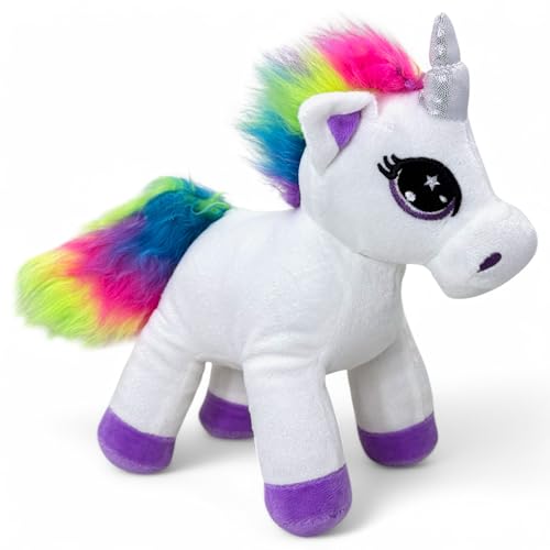 MIJOMA Kuschelweiches Plüscheinhorn – 23 cm – Regenbogenmähne, Glitzerhorn & Stickdetails – Kinder Plüschfigur aus 100% Polyester – Zauberhaftes Plüschgeschenk von MIJOMA