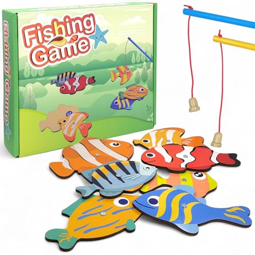 MIJOMA Magnetisches Angelspiel aus Holz für Kinder – Lernspiel mit 2 Angeln & 7 Fischen – Fischfangspiel mit Punkten – Motorikspielzeug ab 3 Jahre – Montessori Geschenk Junge & Mädchen von MIJOMA
