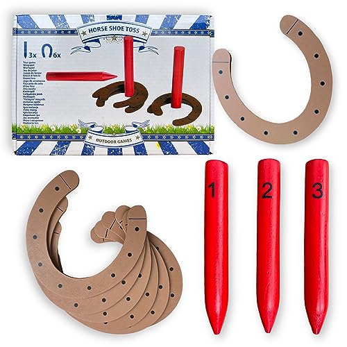 MIJOMA Outdoor-Spiel Hufeisen werfen: Horse Shoe Toss, Familienfreundliches Set mit 6 Hufeisen & 3 Mini-Pfählen, Aus Holz gearbeitet - Der Hit für Party, Camping, Hof & Rasen von MIJOMA