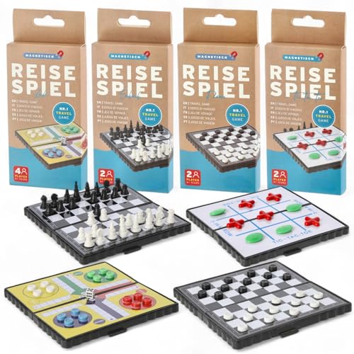 MIJOMA Reisespiel Set 4-in-1 – Magnetisch | Schach, Dame, Ludo, TicTacToe | Kompakt & faltbar | Für 2–4 Spieler | Reisespiele für Kinder & Erwachsene | Maße 13x13 cm von MIJOMA