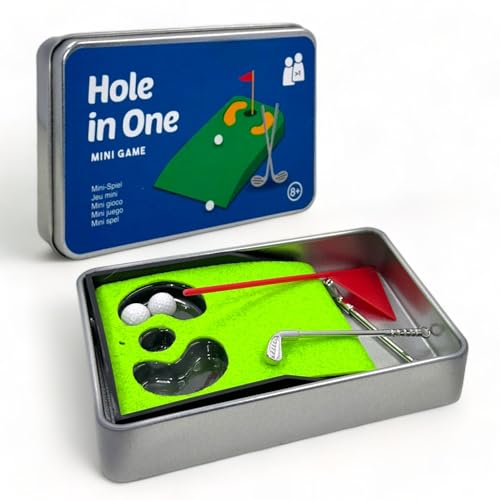 MIJOMA Reisespiele in Metalldose – Kompakte Mini-Spiele zum Mitnehmen für Unterwegs, Spielspaß Lernspielzeug, 12x8 cm, Outdoor & Indoor (Hole in One) von MIJOMA