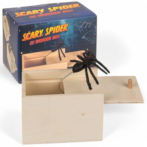 MIJOMA Scherzartikel Spinne in Holzbox – Scary Spider Prank-Box für Kinder & Erwachsene, Partyspaß, Aprilscherz, witziges Mitbringsel, wiederverwendbar von MIJOMA