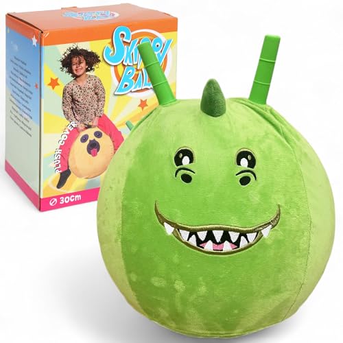 MIJOMA Skippy Ball 30 cm – Hüpfball mit Tiergesicht & Plüschbezug – Hopper Ball für Kinder – aufblasbar – weich & robust (Dino - grün) von MIJOMA