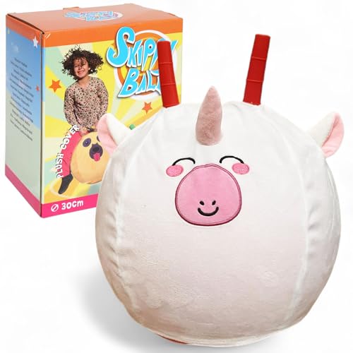 MIJOMA Skippy Ball 30 cm – Hüpfball mit Tiergesicht & Plüschbezug – Hopper Ball für Kinder – aufblasbar – weich & robust (Einhorn - weiß) von MIJOMA
