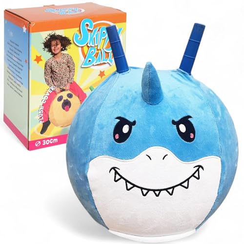 MIJOMA Skippy Ball 30 cm – Hüpfball mit Tiergesicht & Plüschbezug – Hopper Ball für Kinder – aufblasbar – weich & robust (Hai - blau) von MIJOMA