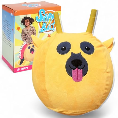 MIJOMA Skippy Ball 30 cm – Hüpfball mit Tiergesicht & Plüschbezug – Hopper Ball für Kinder – aufblasbar – weich & robust (Hund - gelb) von MIJOMA