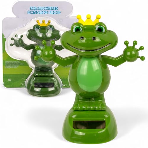 MIJOMA Solarbetriebene Wackelfigur - Bewegliche Figur mit Solarzelle, Kunststoff, 10 cm hoch, Keine Batterien notwendig, Für Fensterbretter, Autos & sonnige Plätze (Froschkönig grün) von MIJOMA