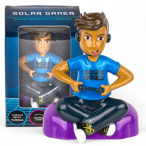 MIJOMA Solarbetriebene Wackelfigur - Bewegliche Figur mit Solarzelle, Kunststoff, 10 cm hoch, Keine Batterien notwendig, Für Fensterbretter, Autos & sonnige Plätze (Gamer Boy Mehrfarbig) von MIJOMA