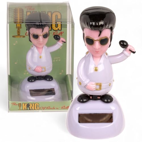 MIJOMA Solarbetriebene Wackelfigur - Bewegliche Figur mit Solarzelle, Kunststoff, 10 cm hoch, Keine Batterien notwendig, Für Fensterbretter, Autos & sonnige Plätze (King of Rock n' Roll weiß) von MIJOMA