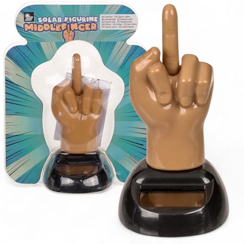 MIJOMA Solarbetriebene Wackelfigur - Bewegliche Figur mit Solarzelle, Kunststoff, 10 cm hoch, Keine Batterien notwendig, Für Fensterbretter, Autos & sonnige Plätze (Mittelfinger Hand Hautfarben) von MIJOMA