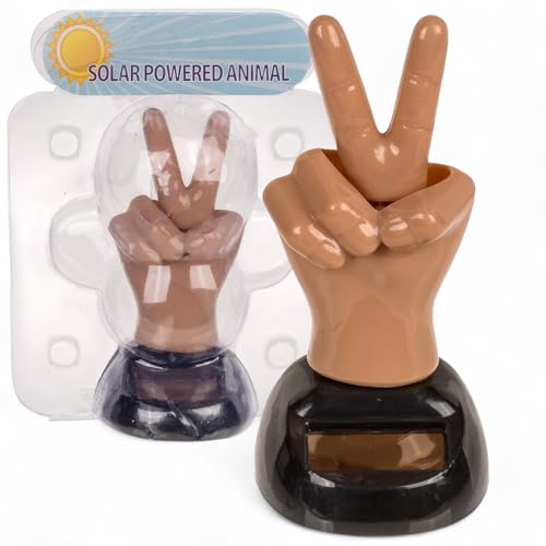 MIJOMA Solarbetriebene Wackelfigur - Bewegliche Figur mit Solarzelle, Kunststoff, 10 cm hoch, Keine Batterien notwendig, Für Fensterbretter, Autos & sonnige Plätze (Peace Hand Hautfarben) von MIJOMA
