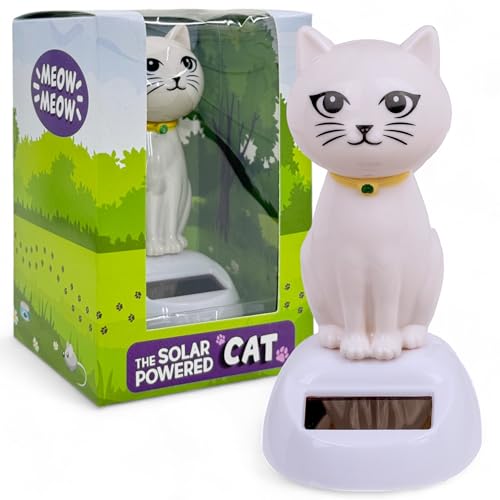 MIJOMA Solarbetriebene Wackelfigur - Bewegliche Figur mit Solarzelle, Kunststoff, 10 cm hoch, Keine Batterien notwendig, Perfekt für Fensterbretter, Autos & sonnige Plätze (Katze weiß) von MIJOMA