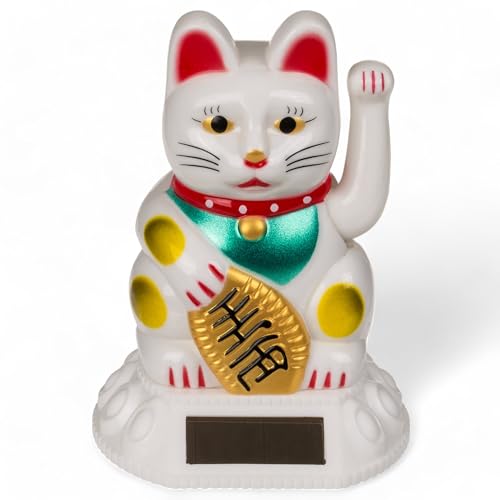 MIJOMA Solarbetriebene Wackelfigur - Bewegliche Figur mit Solarzelle, Kunststoff, 10 cm hoch, Keine Batterien notwendig, Perfekt für Fensterbretter, Autos & sonnige Plätze (Winkekatze weiß) von MIJOMA