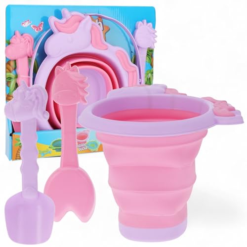 MIJOMA Strandeimer faltbar mit 2 Schaufeln – Sandspielzeug für Kinder – kompakt & leicht – für Strand, Garten & Urlaub (Einhorn-Design) von MIJOMA