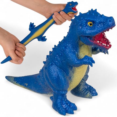 MIJOMA Stretch Dinosaurier Spielzeug – dehnbarer Dino ca. 13 cm – sensorisches Stressspielzeug aus TPR mit Sandfüllung – elastischer Dino für Kinder – ideal zum Sammeln & Spielen (Blau) von MIJOMA