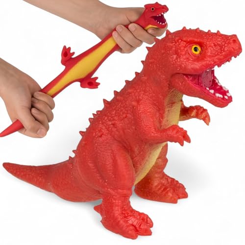 MIJOMA Stretch Dinosaurier Spielzeug – dehnbarer Dino ca. 13 cm – sensorisches Stressspielzeug aus TPR mit Sandfüllung – elastischer Dino für Kinder – ideal zum Sammeln & Spielen (Rot) von MIJOMA