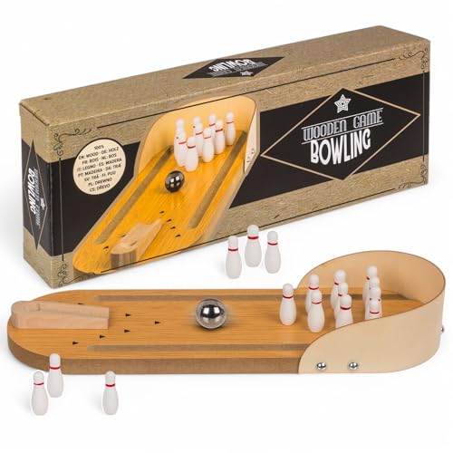 MIJOMA Tisch-Bowling Spiel aus Holz – Mini Bowlingbahn mit 10 Kegeln, Metallkugel, Rampe & Brett – Holzspiel für Kinder & Erwachsene – Retro Deko & Mitbringsel MIJOMA Tisch-Bowling Spiel aus Holz – Mini Bowlingbahn mit 10 Kegeln, Metallkugel, Rampe & Brett – Holzspiel für Kinder & Erwachsene – Retro Deko & Mitbringsel von MIJOMA
