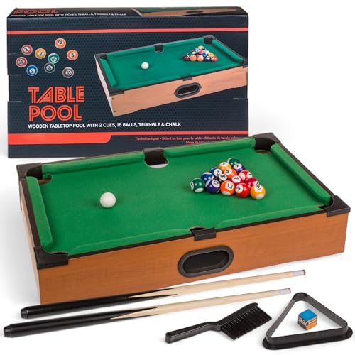 MIJOMA Tischbillard aus Holz – Mini Billardtisch 51x31 cm mit 2 Queues, 16 Kugeln, Triangel & Kreide – Kompaktes Tisch-Billardspiel für Kinder & Erwachsene von MIJOMA