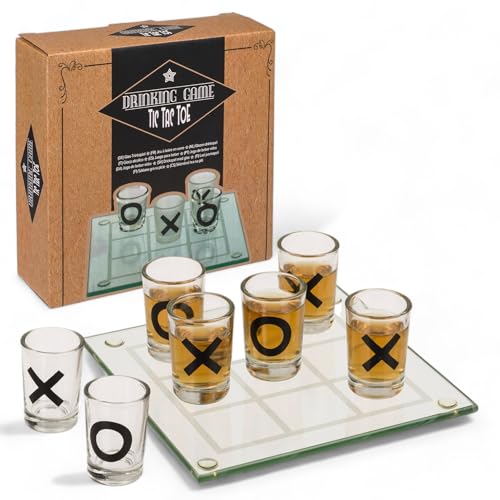 MIJOMA Trinkspiel Tic Tac Toe - Lustiges Party-Spiel mit 9 Shot-Gläsern, Glas-Spielbrett in 2 Größen, Kreis & Kreuz Designs, Spaßgarant für Freunde & Familie (13x13 cm) von MIJOMA