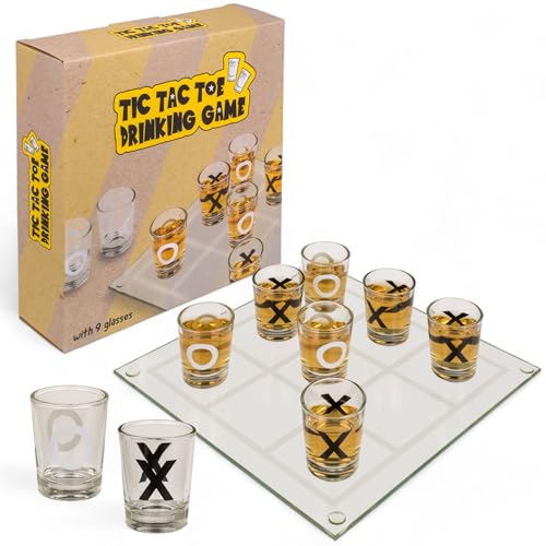 MIJOMA Trinkspiel Tic Tac Toe - Lustiges Party-Spiel mit 9 Shot-Gläsern, Glas-Spielbrett in 2 Größen, Kreis & Kreuz Designs, Spaßgarant für Freunde & Familie (22x22 cm) von MIJOMA