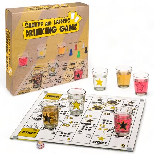 MIJOMA’s lustiges Trinkspiel Schlangen und Leitern, inklusive Glas-Spielbrett, 1 Würfel, 6 Shooter-Gläser und stilechten Mini-Spielfiguren - Spaß garantiert! von MIJOMA