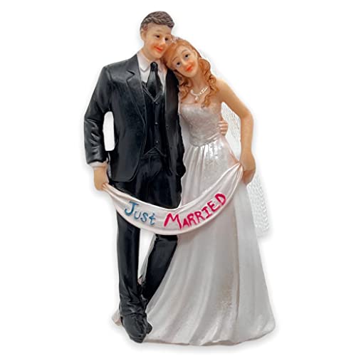 Tortenfigur Hochzeit Brautpaar Tortenaufsatz Tortendeko Hochzeitspaar für Torte Cake-Topper Hochzeitstorte, Dekofigur Hochzeitspaar Wedding Trauung (mit Banner Just Married) von MIJOMA