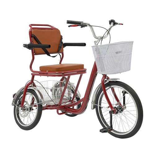 Dreirad für ältere Menschen, kompakt und langlebig, einfache Montage, mit Rückenlehne und Korb - ideal für Gehhilfe im Alltag - 3-Rad-Fahrrad, 20''+16'' Überschlag verhindern - Dreirad (Rot) von MIKIYUEER
